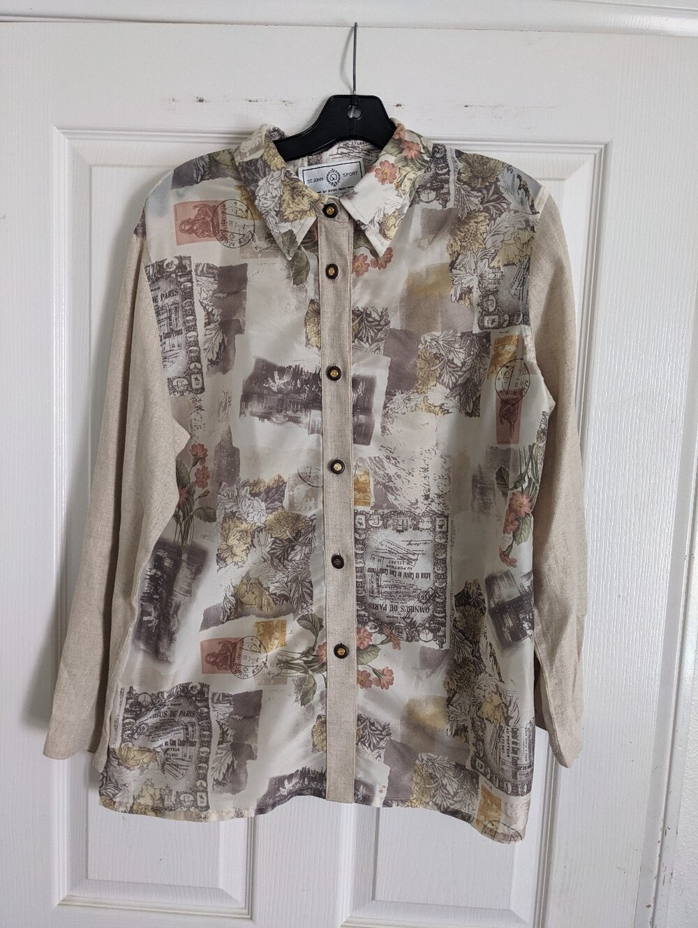 Vintage ST John's Sport Lightweight Neutral Print Linen/Sheer Button-Up Blouse